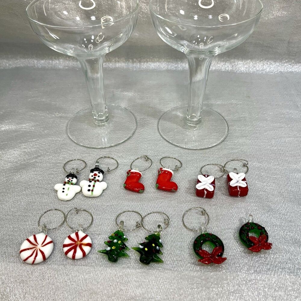 Christmas Wine Blown Glass Markers Set of 12 Handcrafted Glass Charms